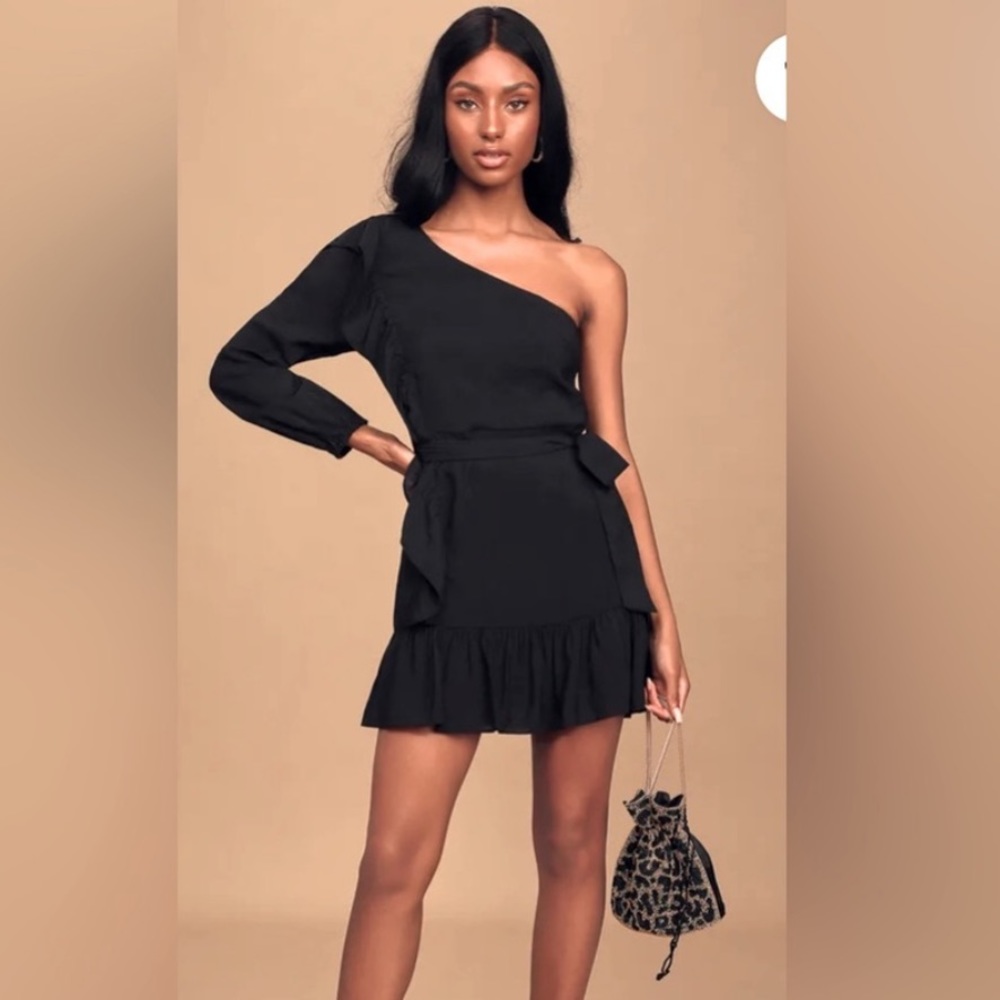 Lulus XS Black One Shoulder Ruffle Dress